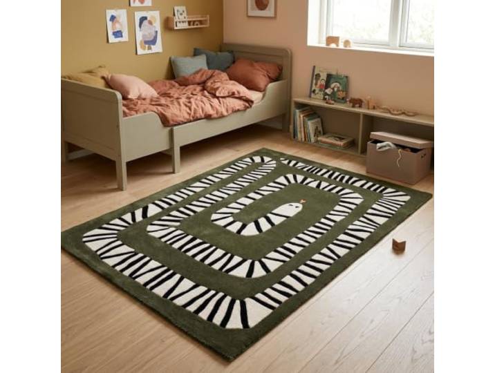 Morgenland Kinderteppich Handgetuftet Wolle Dunkelgrün 160x230cm 100% Schurwolle, Kollektion Kids, Kinderzimmer, Handarbeit, Rechteckig