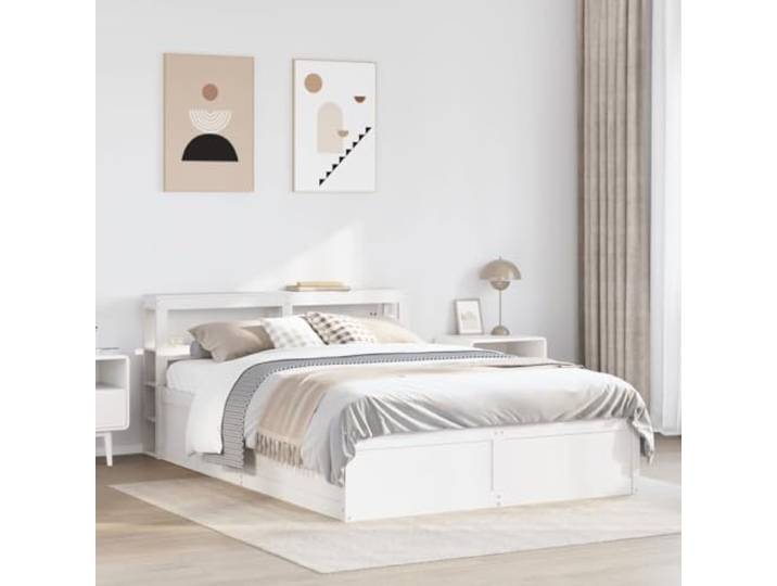 KTHLBRH Bettgestell mit Kopfteil weiß 120 x 190 cm Massivholz Kiefer Lattenrost inklusive, 2 Einlegeböden, selbsttragendes Kopfteil, Montage erforderlich