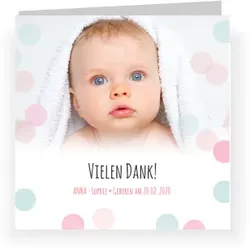 Dankeskarte Baby: Pastell Punkte mit Fotos in Weiß