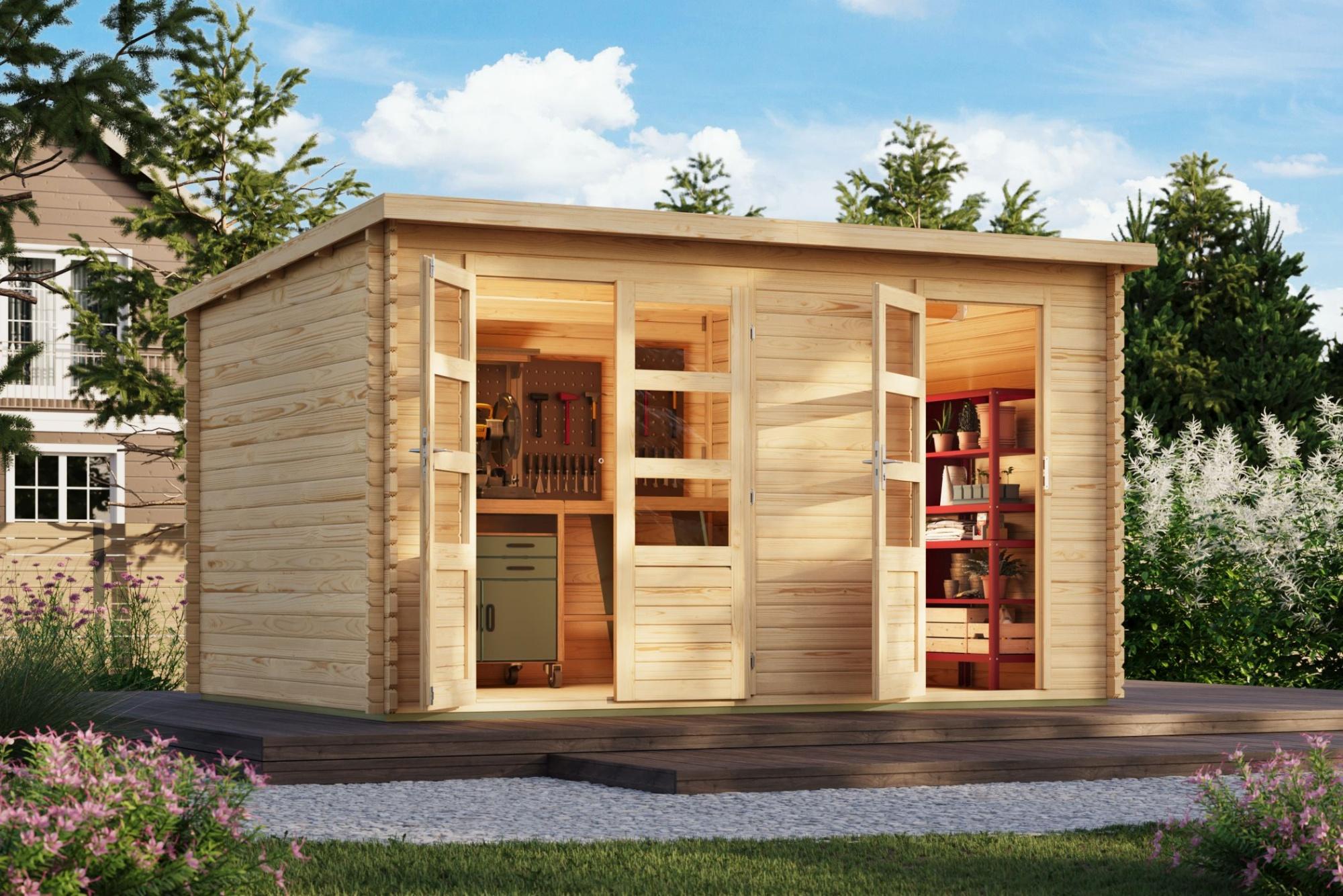 Karibu Gartenhaus Blockbohlenhaus Zweiraumhaus ARBUS naturbelassen 417x297x237cm mit extra hoher Tür