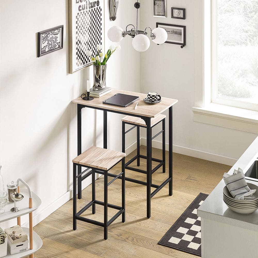 SoBuy Set de 1 table et 2 tabourets effet bois et métal noir Blanc 80x88x50cm
