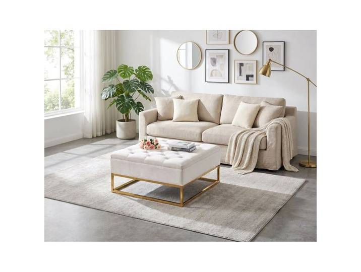Table basse pouf velours écru 80x80 cm - CAPITONNE
