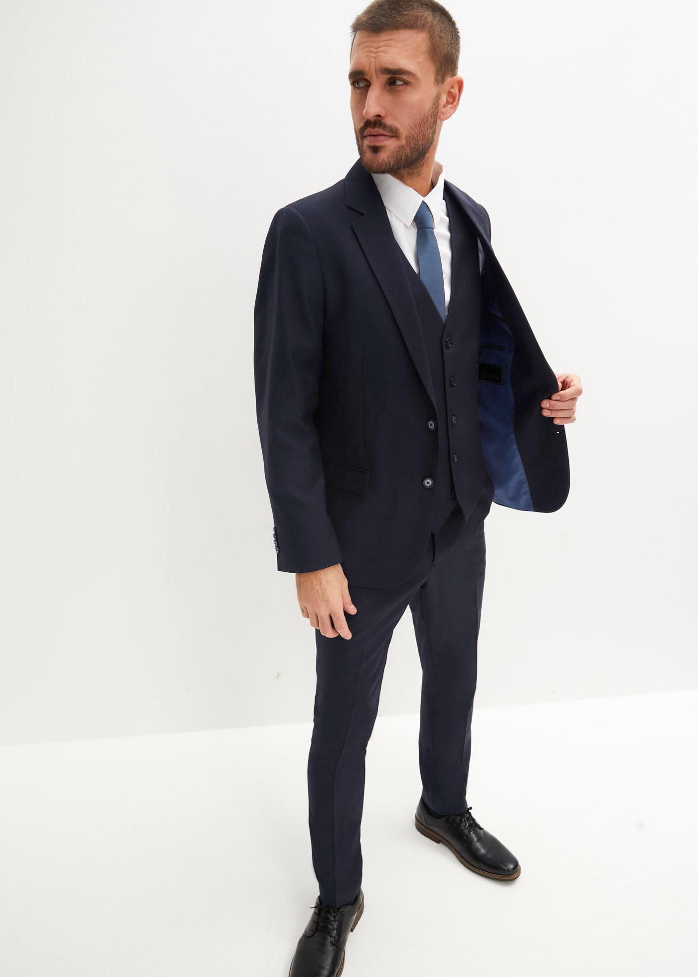 bonprix Anzug mit Weste und Krawatte in Slim Fit (4-tlg.Set), blau, Gr.52, Modischer 4-tlg Anzug bestehend aus Sakko, Hose, Weste, Krawatte und Einstecktuch
