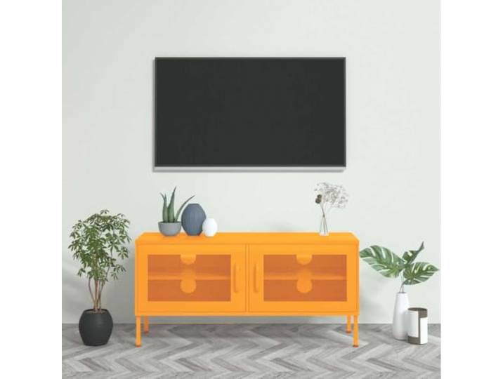 HEFZGDB TV-Schrank Senfgelb 105x35x50 cm Stahl mit 2 Gittertüren und Regal, 4 Kabelmanagement-Löcher, Nivellierer, robuste Stahlkonstruktion für Wohnzimmer, modernes Möbelstück