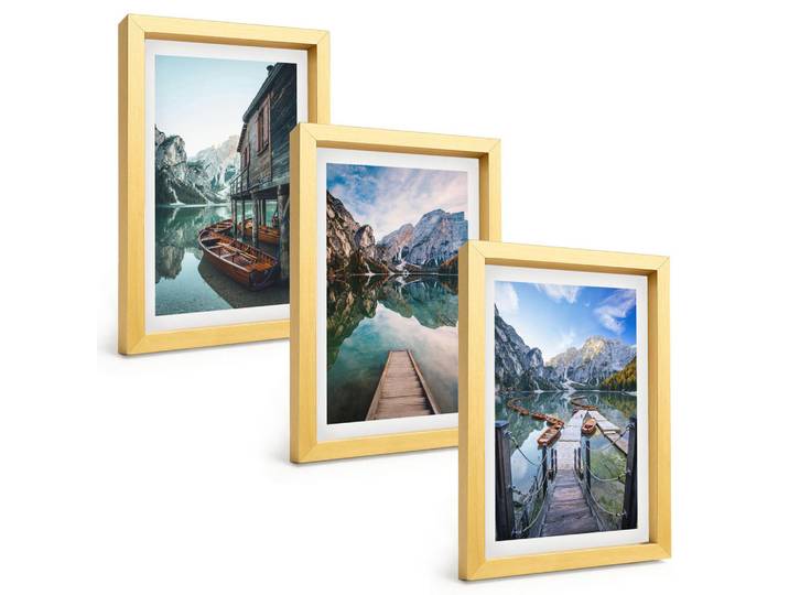 Tulup Bilder SET 3er Set - 20x30 cm Goldrahmen - See Berge Holzboote, Goldfarben, Kunststoff, Rechteckig, 20x30 cm, Fotografie, Bilder & Rahmen, Bilder