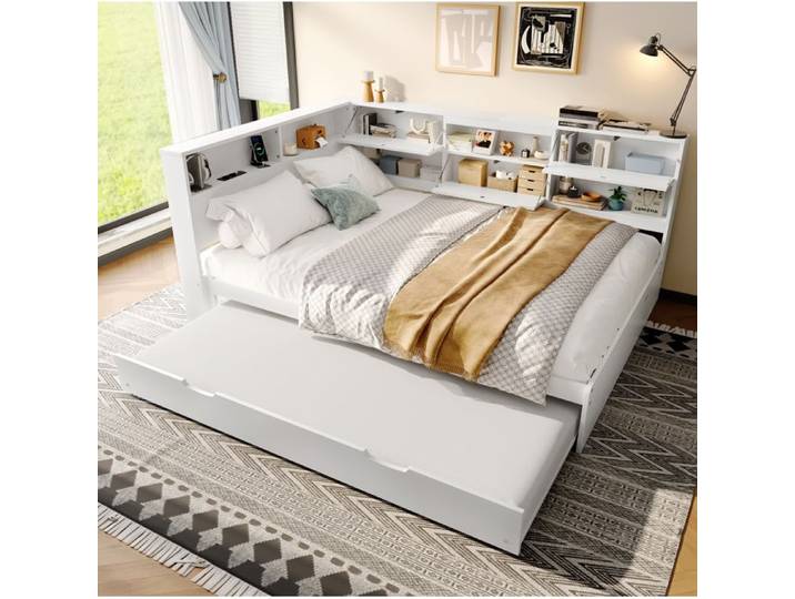Lit combine 140x200 cm – blanc – tête de lit avec rangements – lit escamotable – sans matelas
