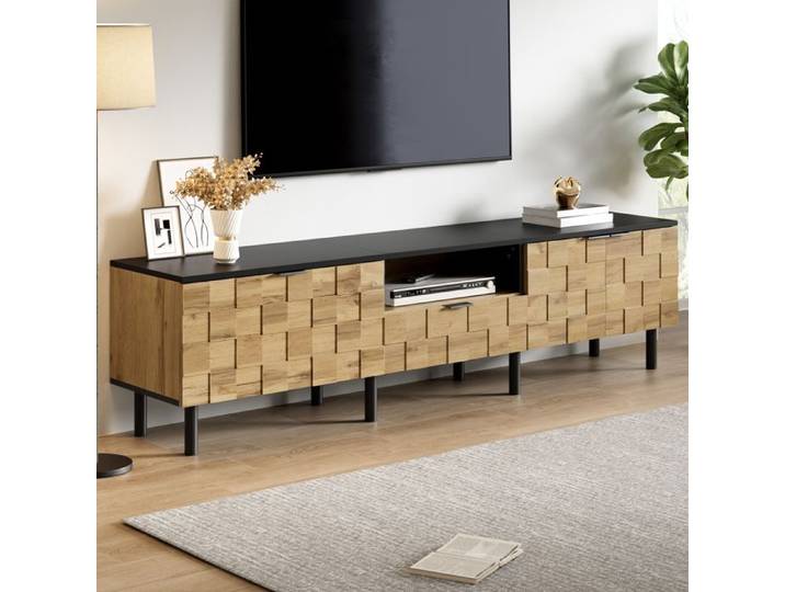 Meuble TV mosaïque longueur 170cm 2 portes et tiroir aspect bois compartiments ouverts pour salon couleur bois naturel