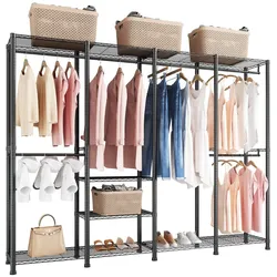 VEVOR Kleiderständer Garderobenständer (verstellbar) mit 4 Kleiderstangen & 499 kg Tragkraft & 10 Regalen, robuster offener Kleiderschrank für Schlafzimmer Bekleidungsgeschäft Garderobe Flur