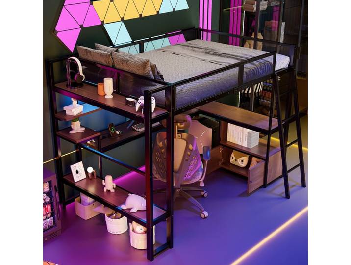 Lit mezzanine gaming 140x200 avec bureau et LED Lit superposé rangements Cadre de lit en métal noir(Sans Matelas)