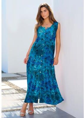 Plus Size Women's Plus Size Sleveless Hand-Crinkled Button-Front A-Line Maxi - Curvy Breezy Dress by Roaman's in Deep Turquoise Tie Dye Floral (Size