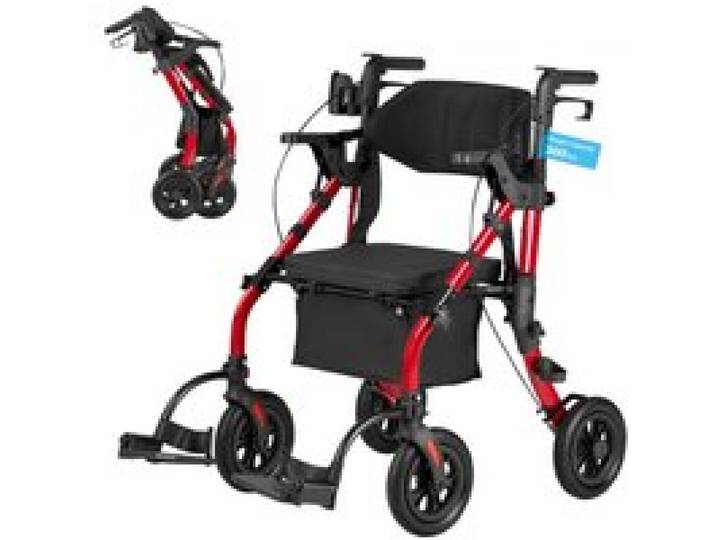 VEVOR Déambulateur 4 Roues Rollator 4 Roues Pliable Fauteuil de Transfert 2 en 1 pour Personnes Âgées 136 kg, avec Cadre Alliage Alu, Roulettes PU, Porte-gobelet, Porte-canne, Sac de Rangement, Rouge