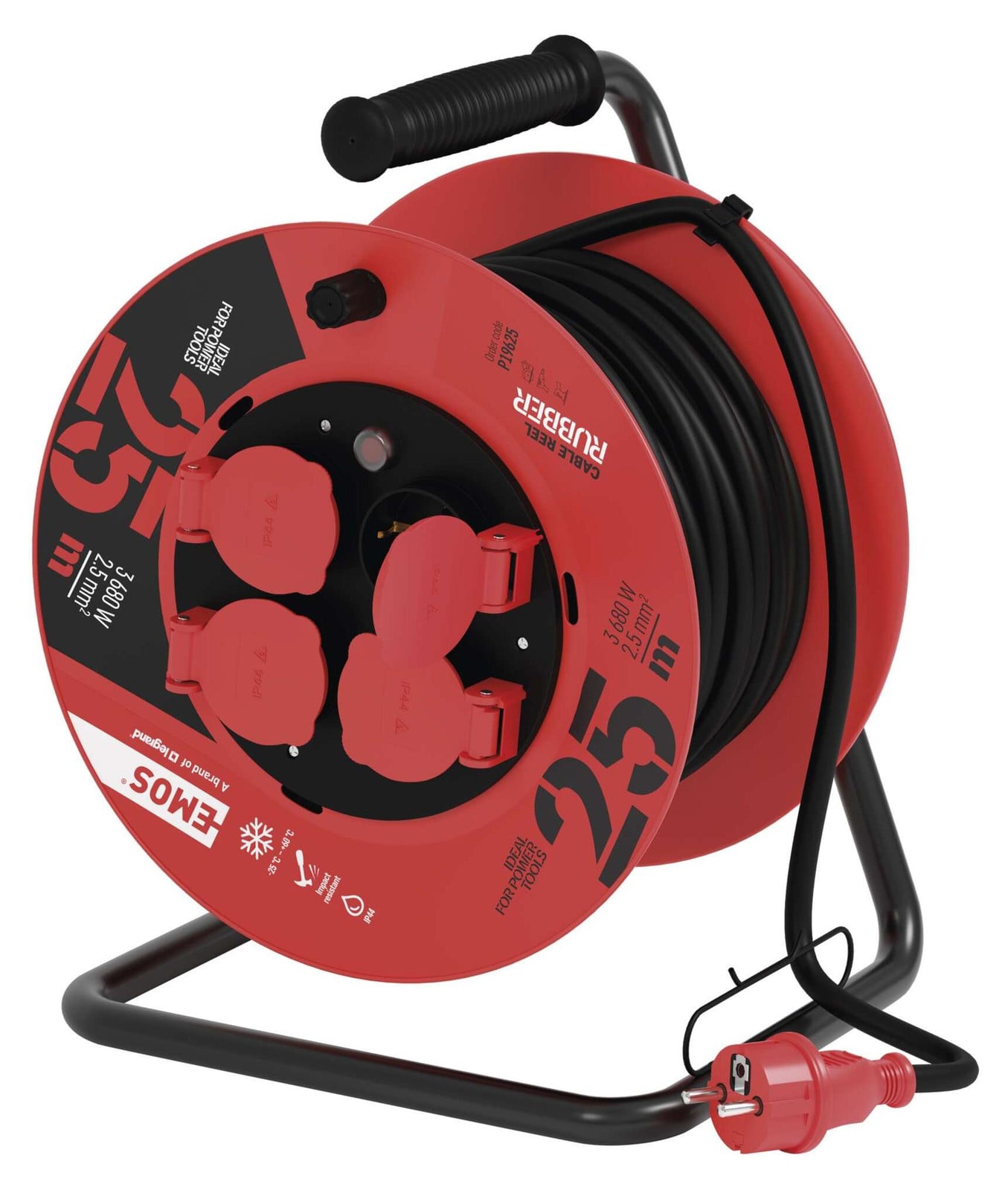Emos Profi-kabelhaspel met 25 meter rubberen kabel, 4 Schuko-stopcontacten en IP44-bescherming voor buitengebruik, P19625