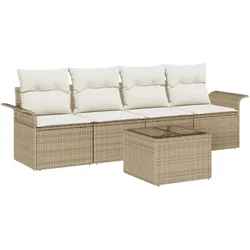 vidaXL 5-teiliges Gartensofa-Set mit Kissen - Beiger Poly-Rattan.