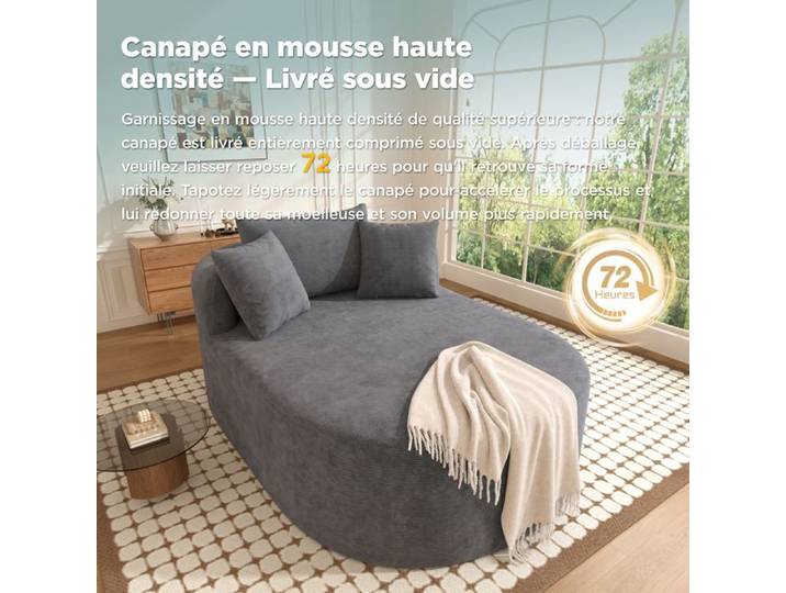 Fauteuil relax 1 place - ZEVKOR - Relax Ovale Compressé - Velours côtelé gris foncé - Assise extra profonde 122 cm - Large 110cm
