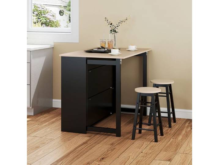Ensemble repas bar - WESTYLE - Ensemble 3 pièces - Table rabattable - 2 tabourets gain de place - 4 étagères + placard