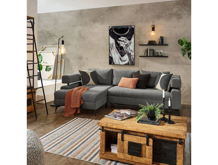 Ecksofa mit Schlaffunktion Grau Webstoff Solana 265 x 89 x 184cm Ottomane davorstehend links mit Schlaffunktion Modern