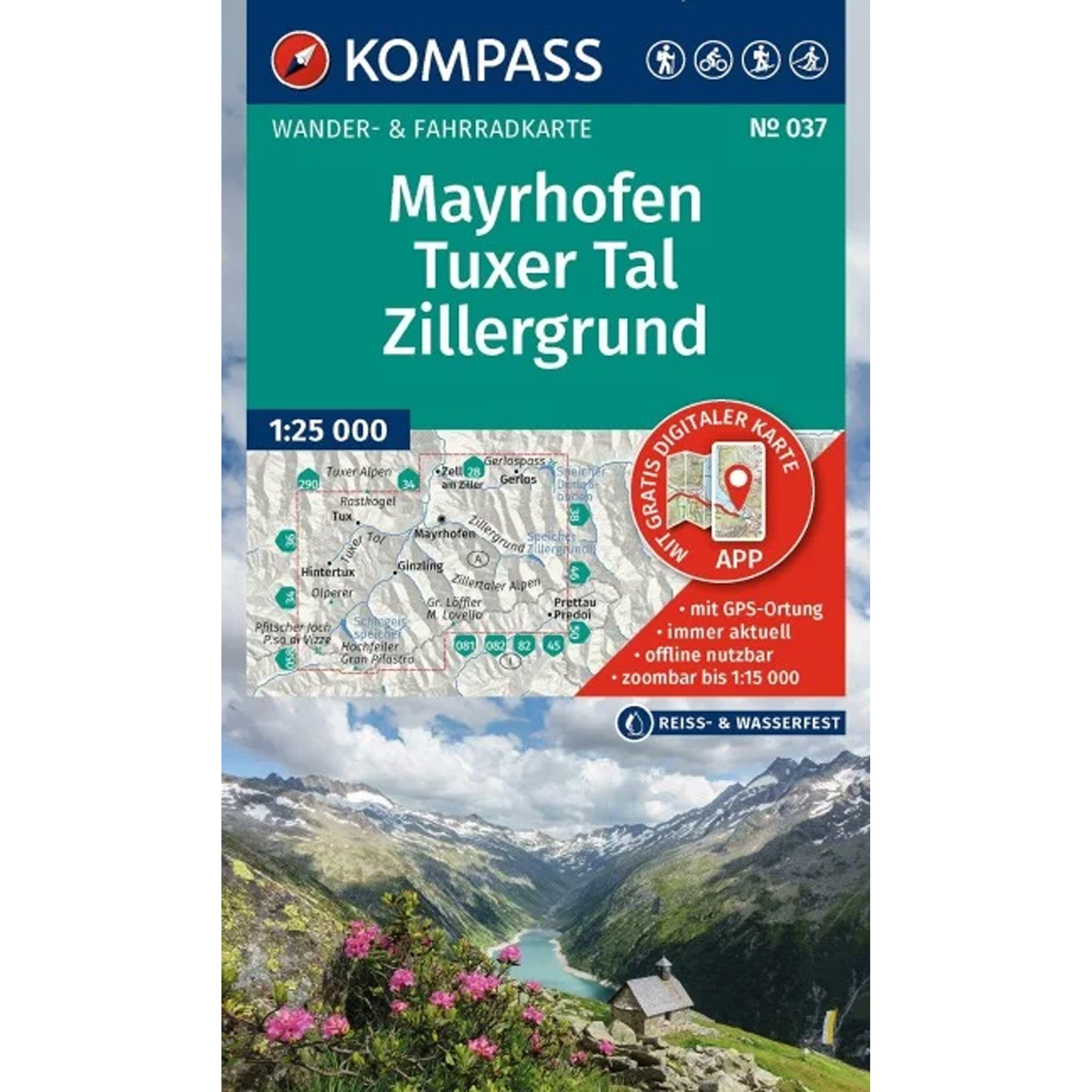 Kompass Verlag WK 037 Mayrhofen-Tuxer Tal-Zillergrund Topografische Karten tuerkis