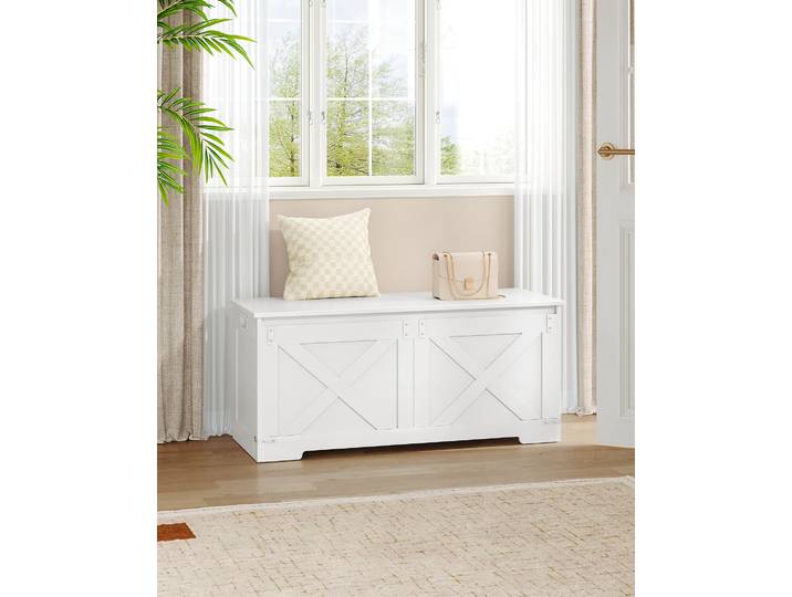Banc à chaussures 109 cm blanc, banc avec espace de rangement, coffre de rangement avec 2 charnières robustes, armoire de rangement, pour entrée, chambre à coucher