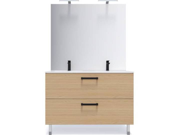 Meuble de salle de bain double vasque 120cm 2 tiroirs Chêne + miroir - Chelsea