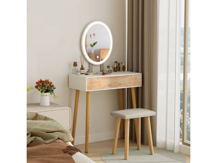 Coiffeuse avec Miroir LED Réglable et Tabouret 2 Tiroirs Table de Maquillage Moderne