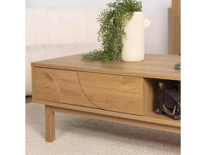 ETHAN - Table basse couleur naturelle 2 tiroirs 2 nichesReproduction motif arrondi