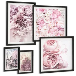 BILDER SET 5er Set - 50x50 cm & 20x30 cm & 40x60 cm Schwarzer Rahmen - Rosa Blumen, romantische Landschaft