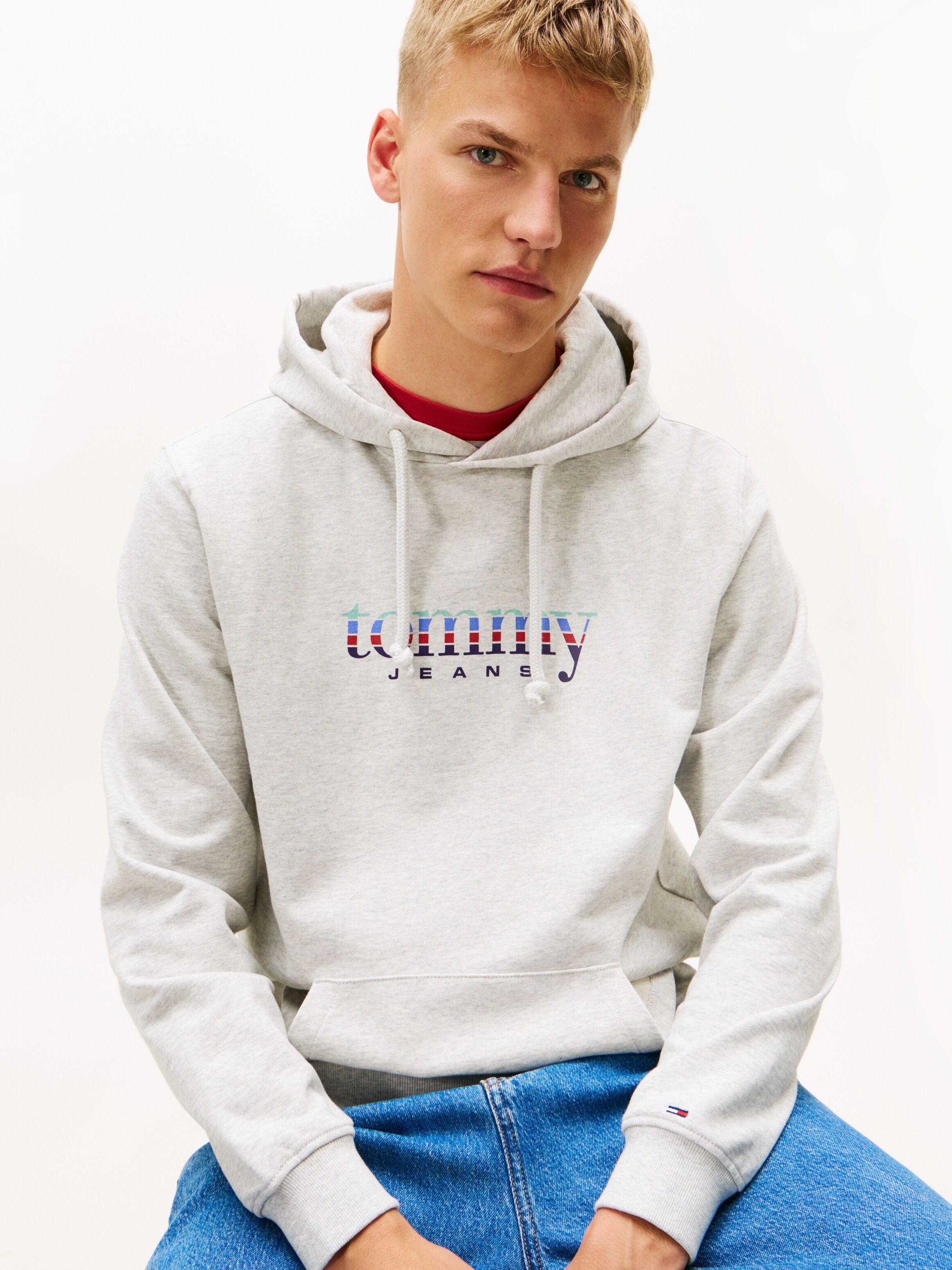 Hoodie TOMMY JEANS "TJM REG ENTRY DNA PLAY", Herren, Gr. XXL, grau (ice grau heather), Sweatware, Obermaterial: 100% Baumwolle, regular fit normal, Rippbündchen, Sweatshirts Hoodie, regular fit, mehrfarbiges Logo, Sweatshirt ice grau heather XXL