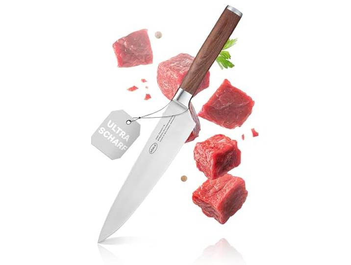 RÖSLE Kochmesser Masterclass 20 cm - Hochwertiges Küchenmesser zum Schneiden von Fleisch, Fisch, Geflügel und Gemüse, ein scharfes Schneidemesser mit ergonomischem Griff aus Walnussholz