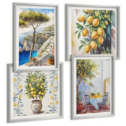 BILDER SET 4er Set - 50x50 cm & 40x60 cm Silberner Rahmen - Zitronenbäume am Meer