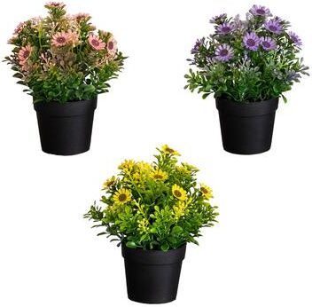 Nearly Natural 8-in Artificial Flowering Daisy in Black Pot - Set of 3
