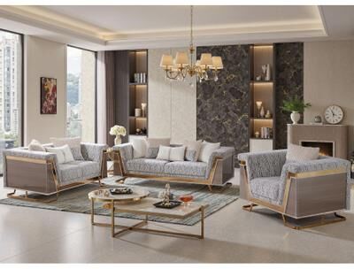 Furniture of America Idria Glam 3-Piece Gold Wood Animal Print Sofa Set with Accent Pillows