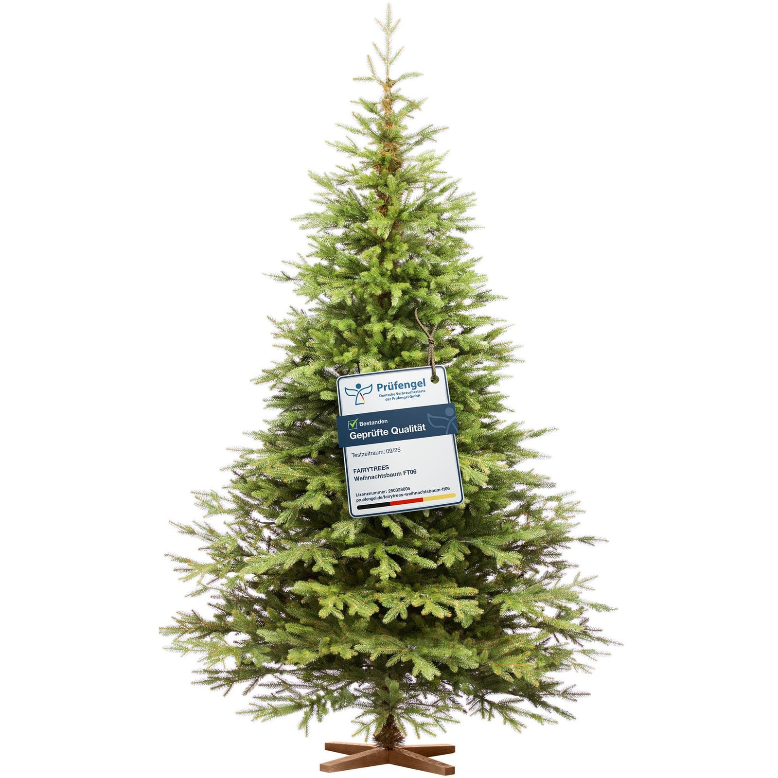 FairyTrees Kunstkerstboom Nordmann Exklusiv FT06, 250 cm, met PE spuitgegoten takken en handgemaakte essenhouten standaard