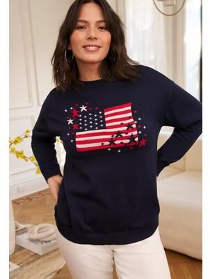 Plus Size Women's Americana Long Sleeve Crewneck by Avenue in Navy Americana (Size 14)