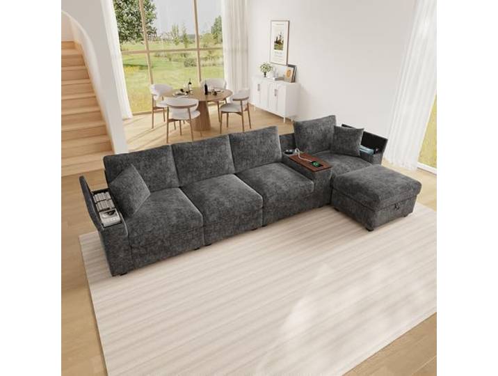 Merax wandelbares L-Form Ecksofa, modulares Sofa mit Stauraum-Ottomane, 360° drehbarem Tisch mit USB Typ-C und Getränkehalter, aufklappbaren Armlehnen, multifunktionale Wohnlandschaft, Grau