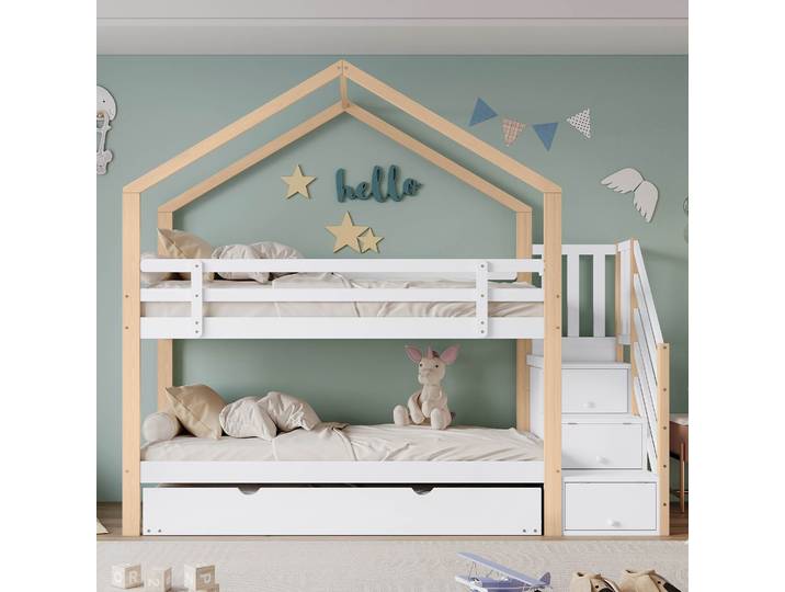 Lit Superposé 90x200 Cm Avec Lit Gigogne 90x190 Lit Cabane Enfant Escalier Avec Rangement Protection Antichute Bois Massif Blanc