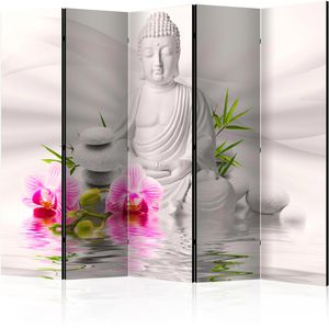 Artgeist Paravent Buddha and Orchids, innen 5-tlg., aus Holz / Stoff, Akustik, zweiseitig, 225 x 172cm
