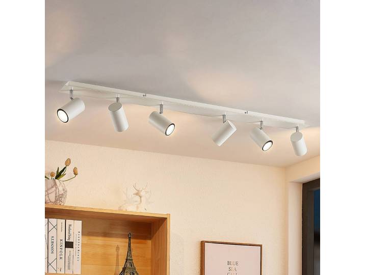 Lindby plafondspot Joffrey, 116 cm, wit, 6-lamps, GU10 dimbaar, wit / opaal, Woon-/ Eetkamer, metaal, Modern, buitenspot