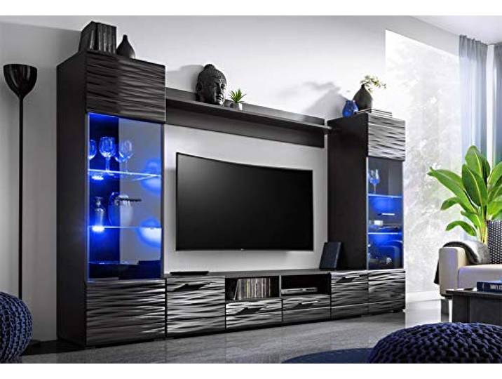 BIM Furniture Wohnwand MODIC 260 cm Anbauwand Wohnzimmer- Set Vitrine Lowboard schwarz Hochglanz LED