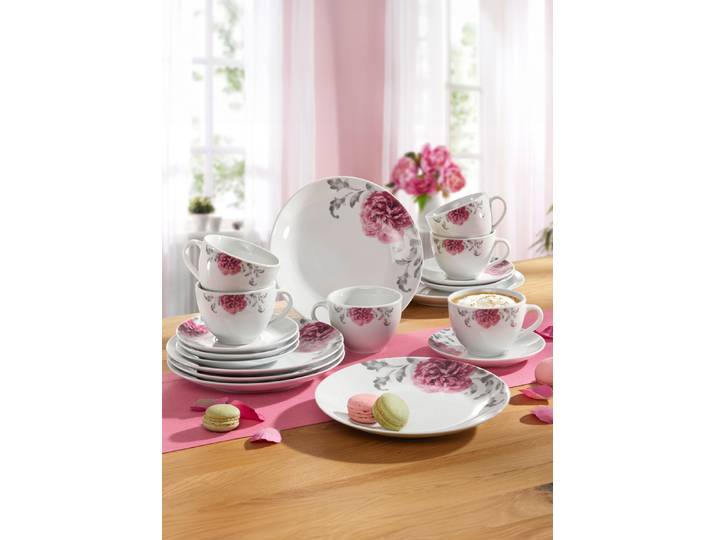 Porzellan-Serie Como , Weiss-Rosa-Grau, Kaffee-Service 18-teilig