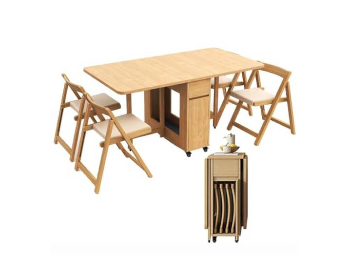 JBKNAN Klappbarer Esstisch 140cm Mit 4 Stühlen,Klapptisch Platzsparender, Ausziehbar,360° Rollen,Stauraum,Multifunktionaler Esstisch Für Kleine Räume