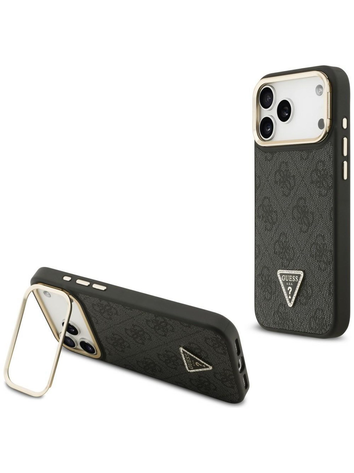 GUESS 4G PU Triangle Logo & Stand Camera Magsafe Case for iPhone 17 Pro Max - Black