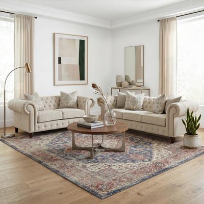 Furniture of America Ravti Traditional Beige Solid Wood 2-Piece Chesterfield Rolled Arm Sofa Set