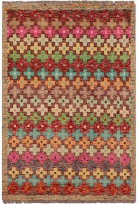 Treasured Knots Modern Balochi Curry Maroon/Blue Hand Knotted Wool Rug - 3'4'' x 4'10''