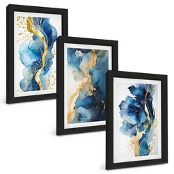 BILDER SET 3er Set - 20x30 cm Schwarzer Rahmen - Blaue abstrakte Muster