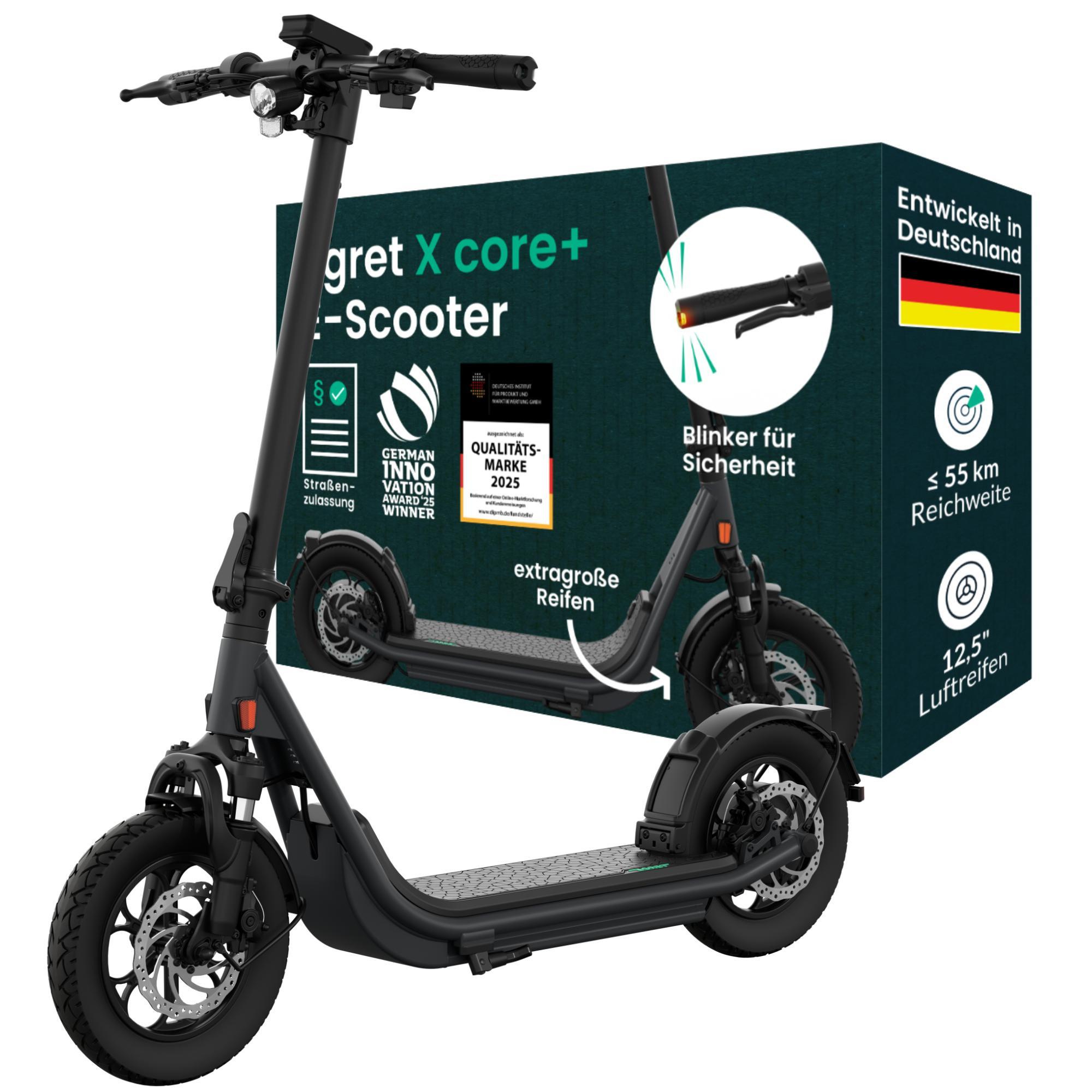 EGRET E-Scooter mit Straßenzulassung (ABE), 55 km Reichweite, 12,5" Offroad Luftreifen, Federung, Scheibenbremsen, Blinker, App - X core+