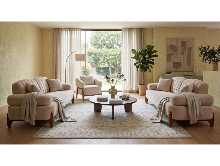 JVmoebel Polstergarnitur Cremefarbenes Wohnzimmer-Set Sofas Stoffsofas Sessel Designer, (3-tlg), Made in Europa