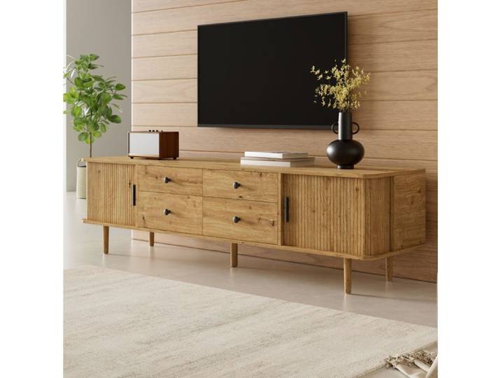 WOVREO Meuble TV bas 165 cm en MDF aspect bois 4 tiroirs et 2 portes coulissantes