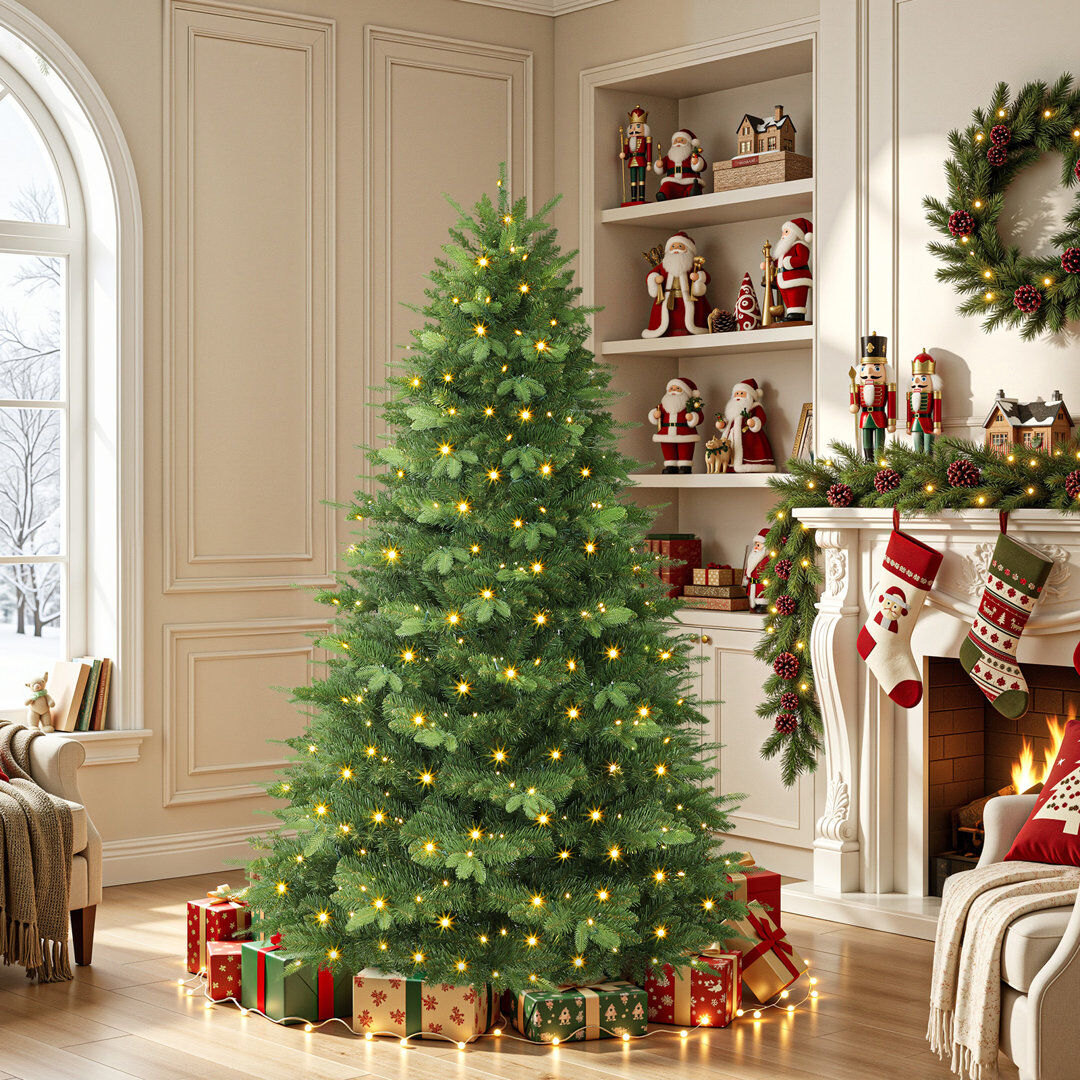 The Seasonal Aisle 6FT/7FT Premium Artificial Christmas Tree with 280/350 Pre-Lit Warm White & Multi-Color Lights, 1033/1369 PE & PVC Branch Tips and 1 Foldable Wooden Green 6' H