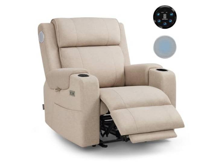 M MCombo Relaxsessel Elektrisch mit Bluetooth Lautsprecher - Fernsehsessel mit Liegefunktion & Verstellbare Kopfstütze, Massagesessel Sound System, Musik Sessel 7053 (Beige-Stoff)