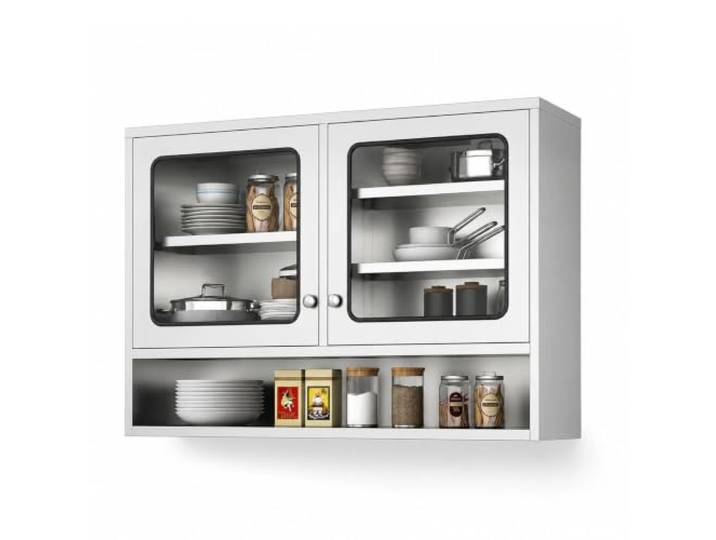 Cxlly Edelstahl Hängeschrank Küche mit Glastüren & Offenem Regal Edelstahl Wandküchenschrank mit Glastüren, Robuster Hängeschrank mit Offenem Regal & Verstellbarem Einlegeboden(120cm/47 )